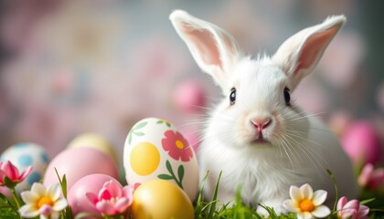 Obraz premium Easter holiday theme image with a cute white rabbit with hand painted and colored eggs for children or to celebrate the da