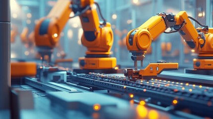 Robotic arms assemble parts; factory setting.