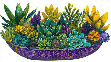 A realistic cut-out style depiction of a collection of large succulents in an abstract ceramic planter, featuring bold colors such as neon greens, electric purples, and golden accents. Each leaf has a