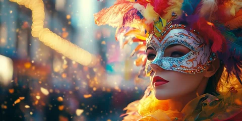 A vibrant portrait of a woman wearing a colorful carnival mask and festive costumeใ She is walking or posing on the street during a lively carnival parade.