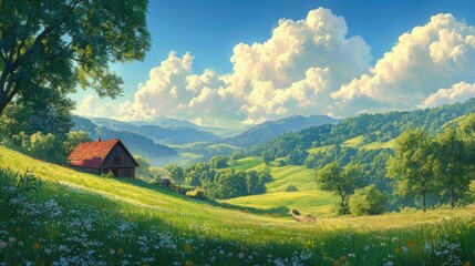 Farmhouse, hills, flowers, sunny.
