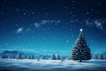 A beautiful christmas tree illuminated by a shining star in a snowy night landscape