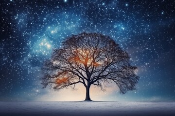 A serene winter night scene featuring a snow covered tree beneath a sky filled with shining stars