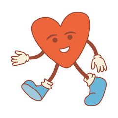 Groovy cartoon heart mascot.Valentines Day cute character. Groovy heart character. Groovy style.Isolated on white background.Vector illustration.