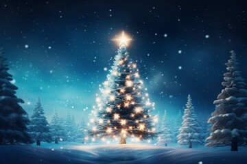 Enchanting night scene of a snow covered christmas tree adorned with a glimmering star
