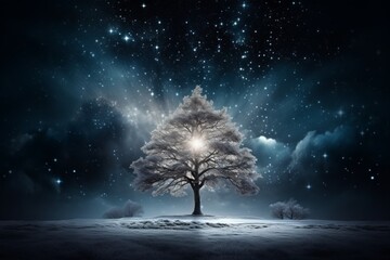 A night scene of a christmas tree surrounded by snow with a bright shining star above