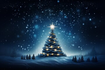 Enchanting christmas tree illuminated by a shining star amidst a snowy night landscape