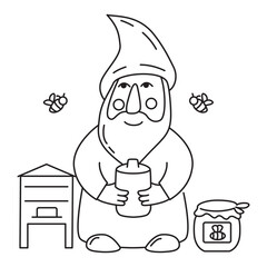 The dwarf beekeeper.Beekeeper gnome. Glass jar full of honey.Apiarist surrounded by bees.Honey farmer.Vector illustration.Isolated on white background.