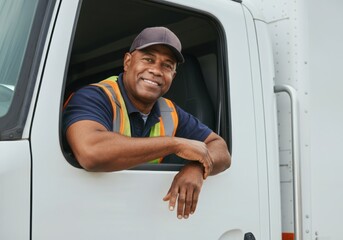 Happy truck driver leaning out the window of his semi-truck and smiling