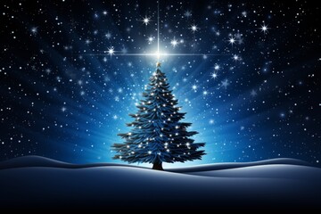 A beautiful christmas tree illuminated by a shining star on a snowy night landscape