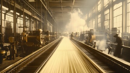 Obraz premium Workers operate looms; yarn flows; industrial setting.