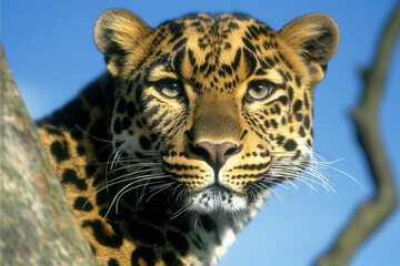 Naklejka premium A close-up of a leopard in a tree