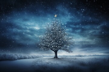 A snowy night scene featuring a christmas tree adorned with a bright shining star above