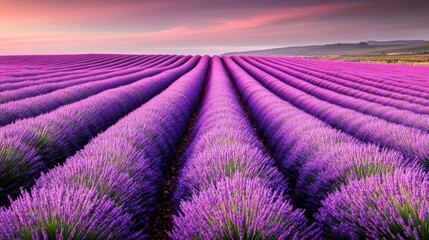 Fototapeta premium Rows of lavender in an organic field, pastel tones, ecoconscious farming, focus cover all object, deep depth of field, no blur, photo not dark, everything is clear, copy space