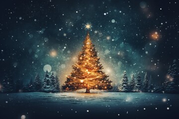 A majestic christmas tree illuminated by a star shines brightly on a snowy night