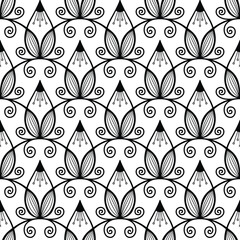 fancy pencil tips. ink petals, curves and lines. black and white stencil. seamless vector pattern