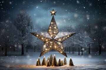 Stunning night scene of a christmas tree adorned with a shining star amidst the snow