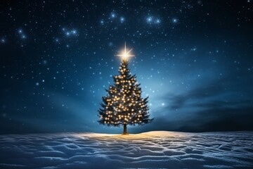 Enchanting night scene of a christmas tree in snowlight beneath a glimmering star