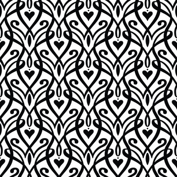 fancy curves and hearts. ink lines. black and white stencil. seamless vector pattern