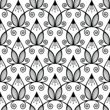 fancy pencil tips. ink petals, curves and lines. black and white stencil. seamless vector pattern