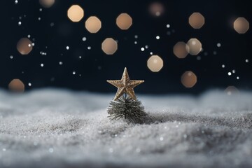 A beautiful christmas tree on a snowy night, illuminated by a star and enchanting bokeh lights.