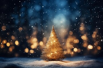 A nighttime christmas tree adorned with a shining star and bokeh amidst the snowy landscape