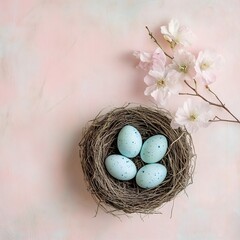 Obraz premium Blue speckled eggs in nest with cherry blossoms, spring nature concept for Easter decor and seasonal styling. Perfect for home interiors, greeting cards and romantic lifestyle content. 