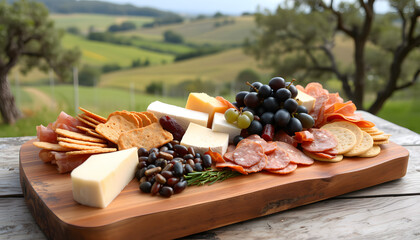 Rustic Wooden Cheese Board with Crackers, Grapes, and Cured Meats