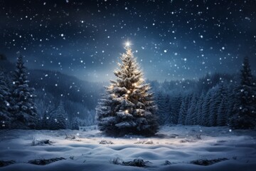 A festive christmas tree illuminated by a shining star in a snowy night landscape