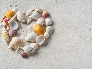 Heart shaped arrangement of seashells on sandy beach evokes tranquility