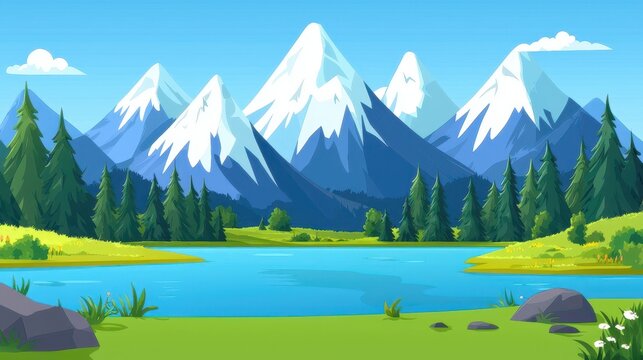 A beautiful mountain landscape with snow-capped peaks, a serene lake, and vibrant green forests. The scene conveys tranquility, nature, and adventure, ideal for outdoor and travel content. 