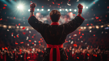 Martial artist in black and red uniform raising victorious fists on a brightly lit stage