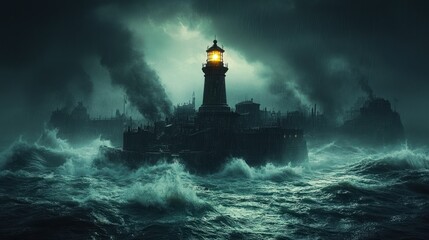 Fototapeta premium A dramatic lighthouse stands amidst turbulent waves and dark skies, illuminating the stormy sea.