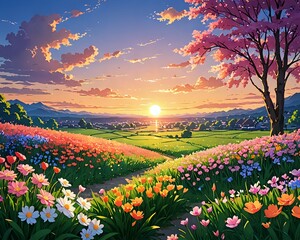 Vibrant Spring Sunset over a Colorful Flower Field. A picturesque digital painting depicting a serene spring sunset over a lush field bursting with a variety of colorful flowers.