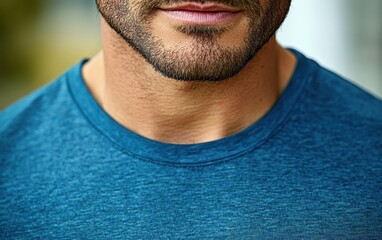 Obraz premium A man is wearing a blue blank shirt for design