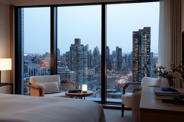 This serene hotel room features panoramic windows that reveal a calm evening city skyline, creating a peaceful and inviting atmosphere for ultimate relaxation.