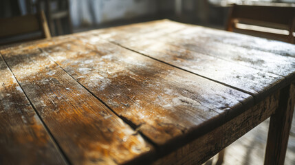 Sunlit dusty wooden table creating a rustic atmosphere
