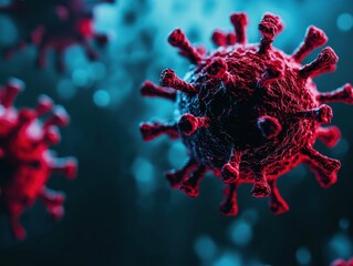 A close-up view of a virus, showcasing its structure with spikes, set against a blue and black background, representing microscopic pathogens.