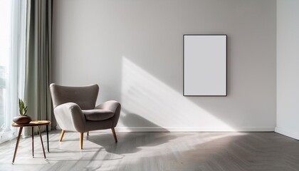 Empty White Wall Mockup in Modern Contemporary Interior with Modern Recliner. Natural Daylight From a Window. Promotion Background.