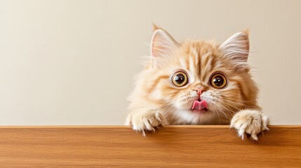 Cute fluffy cat peeking over a table with curious expression and playful demeanor.
