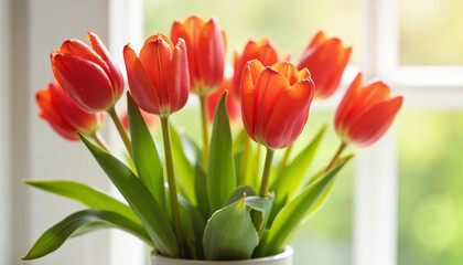 Fototapeta premium Bouquet of vibrant red tulips by a sunlit window for Valentine's Day