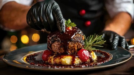 A chef plating a gourmet dish with precision, showcasing vibrant colors and creative presentation. The image emphasizes culinary skills, fine dining, and food artistry. 