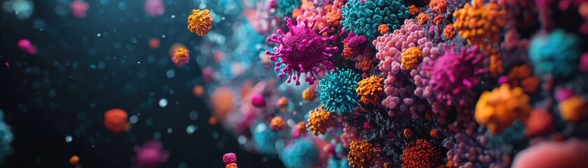 A vibrant, abstract depiction of colorful microscopic organisms floating in a dark, immersive environment, showcasing intricate details and textures.