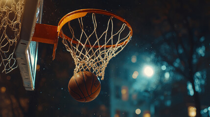 Basketball scoring through hoop during an evening outdoor game
