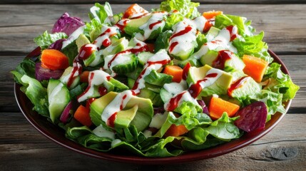 A close-up of a delicious salad with fresh vegetables, avocado, and dressing, placed on a rustic wooden table. The bright colors and healthy ingredients are perfect for food photography and 