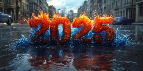 Fiery and Icy 2025: 2025 new year word art Elements on a Rainy City Street