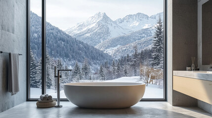 Luxurious bathroom with modern tub overlooking snowy mountains
