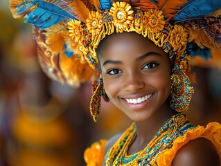 A vibrant portrait of a woman wearing a colorful carnival mask and festive costumeใ She is walking or posing on the street during a lively carnival parade.