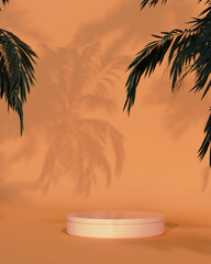 Product podium mockup display, warm orange with a palm leaves, summer minimalistic background,3D render illustration