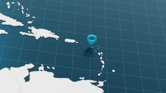Blue Saint Kitts And Nevis 3d map with pointer pin surrounded with other countries in white. Europe political map with borders animation. 3d render.